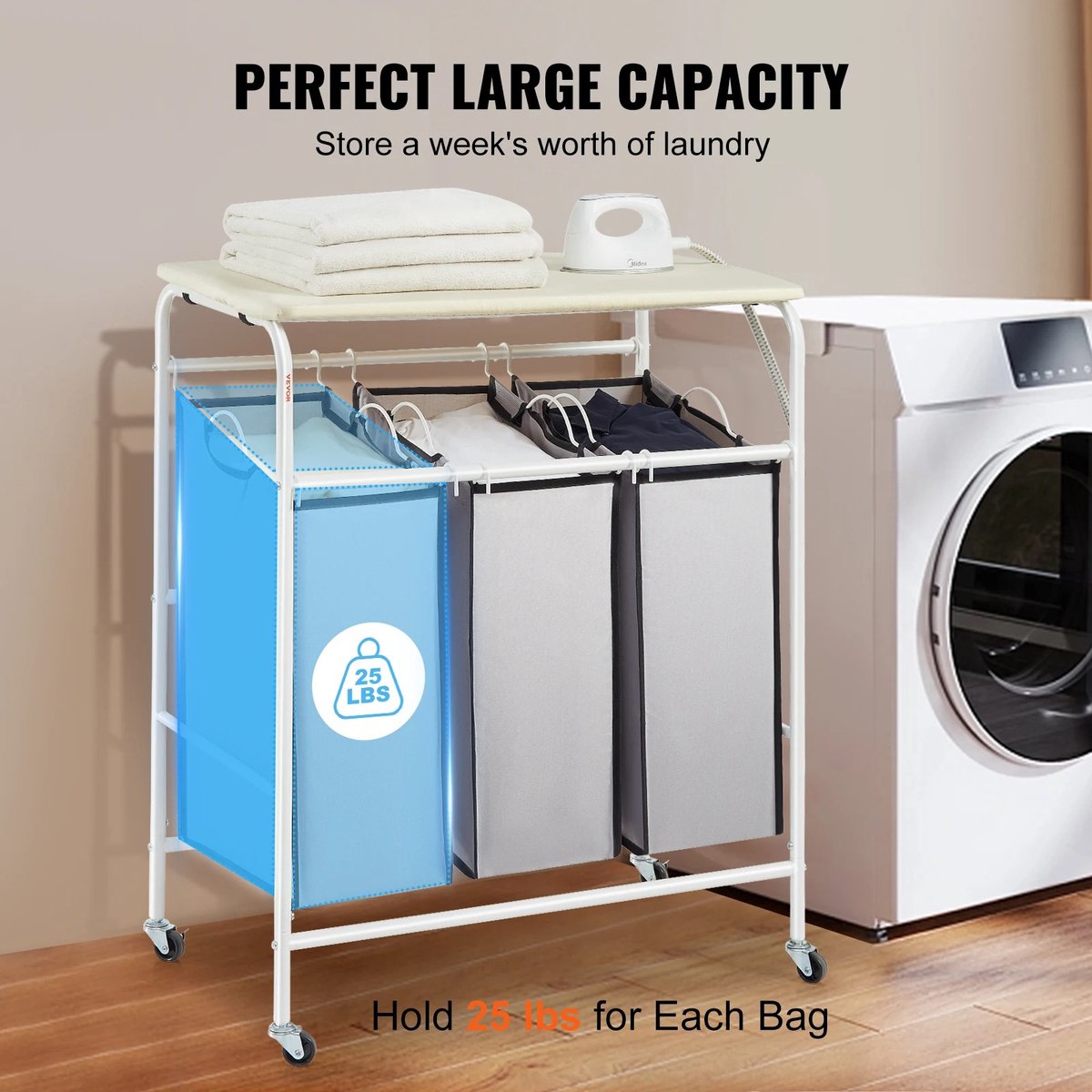 Wasmand - Wasmand 3 vakken - Wasassorteerder - Inclusief Strijkplank