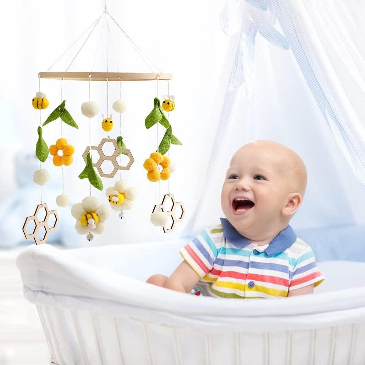 Baby mobile with music felt balls flowers - Mobile baby wind chime 3D flowers - Mobile baby wood felt balls - Baby mobile with music girl bed bell - Mobile baby boys girls crib decoration. baby mobile with music