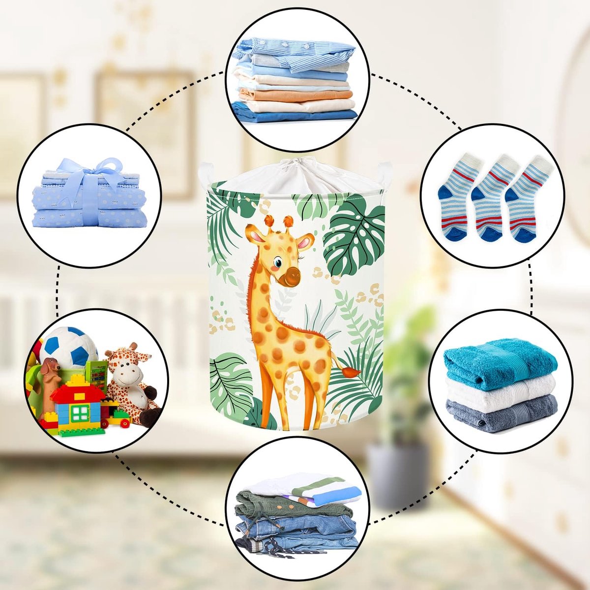 45L Leuke Groene Wasmand Baby met Giraffe, Vogels - Bosdieren Bladeren Ronde Wasmand Opvouwbaar - Perfecte Opbergmand voor de Kinderkamer om Speelgoed op te Bergen 36 x 45 cm