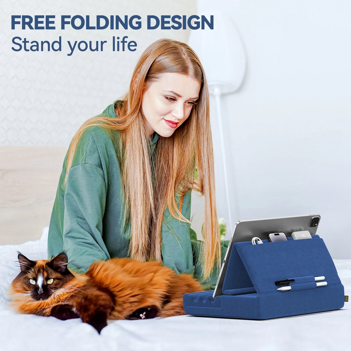 Foldable Tablet Cushion Holder - Suitable for iPad and Tablets - Soft and Sturdy with Pocket and Stylus Holder - Ideal for Use on Lap, in Bed, and on Desk