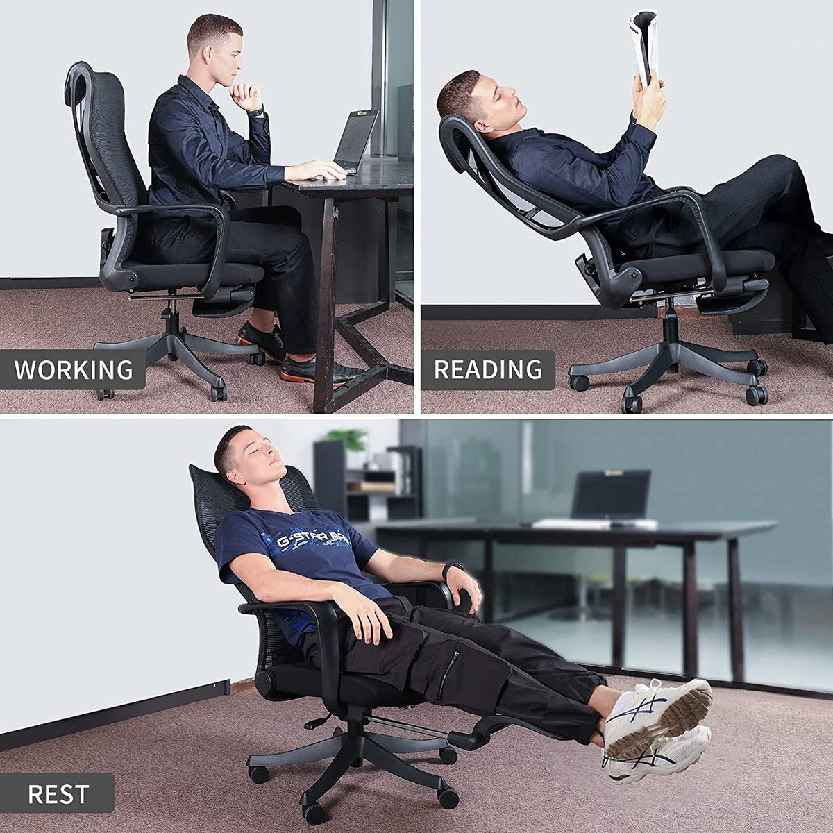 Mfavour ® Ergonomic Office Chair with Footrest, Office Chair, Ergonomic Desk Chair with Adjustable Lumbar Support, Armrest and 170° Reclining Backrest - up to 150 kg – Black