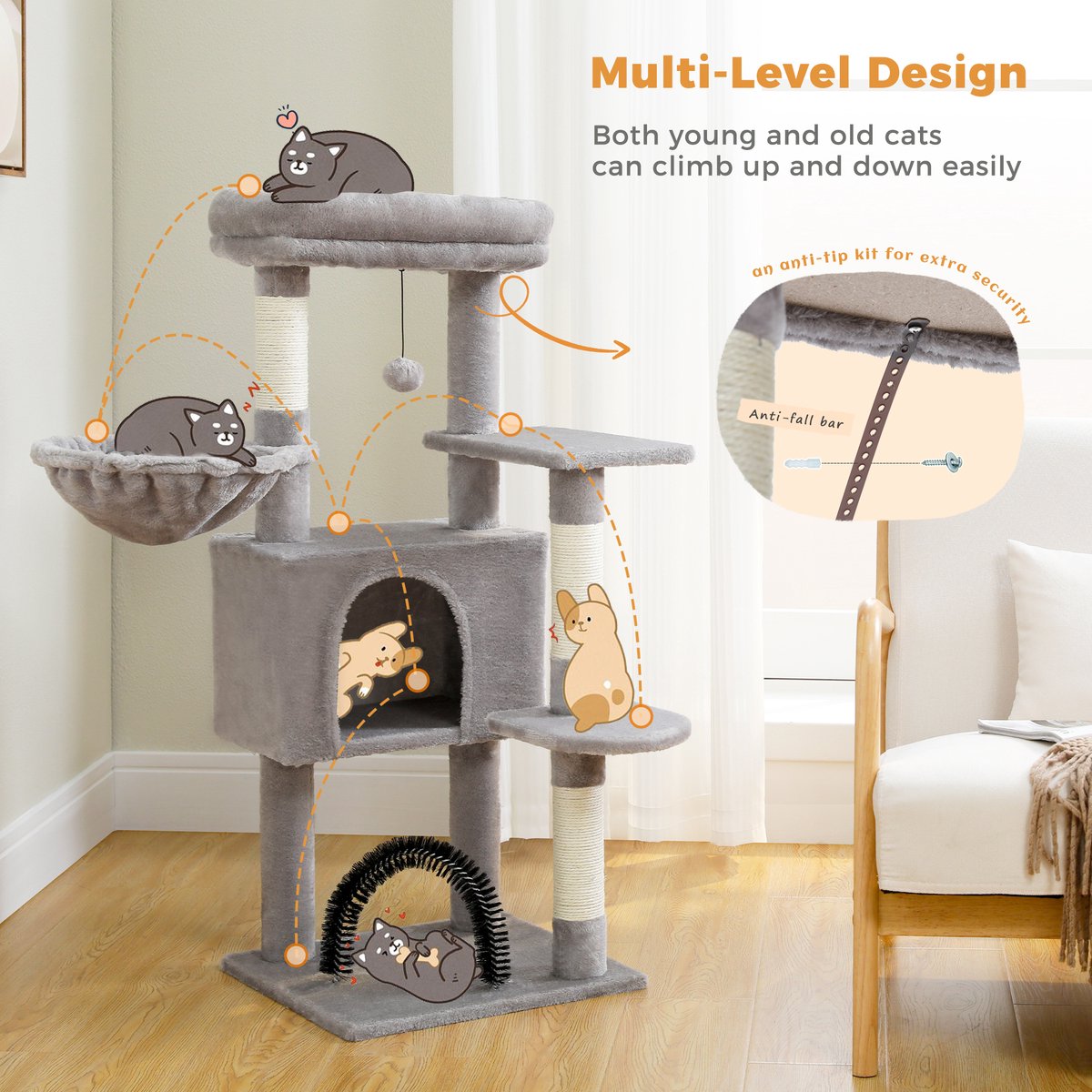 Nique Luxe Krabpaal - Kattenboom met hangmat - 5 ligplekken - 106cm hoog - Lichtgrijs