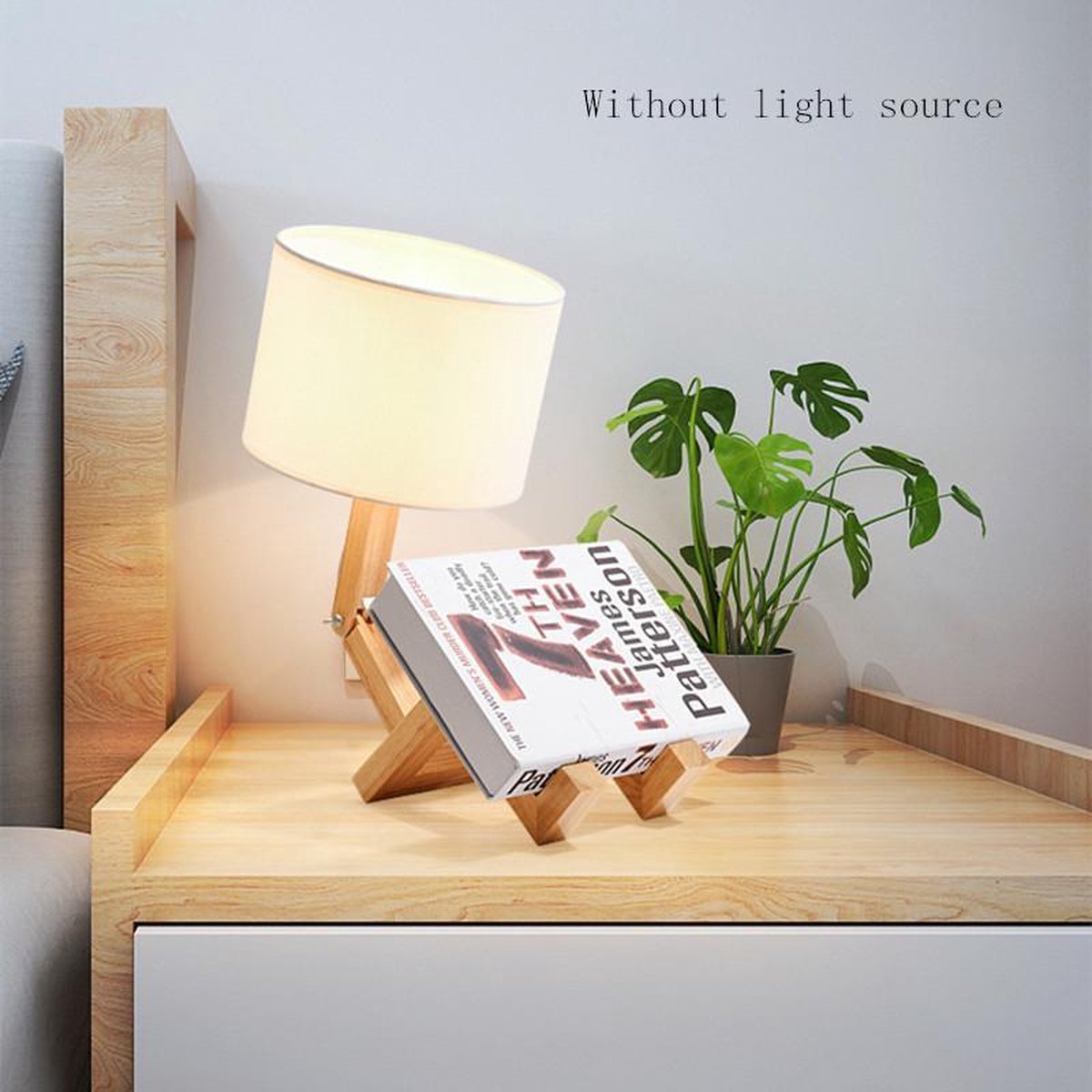 TDR - LED-bureaulamp met boekenhouder - Scandinavisch design - Witte stoffen kap - Houten mannetje met verstelbare gewrichten - Exclusief lichtbron