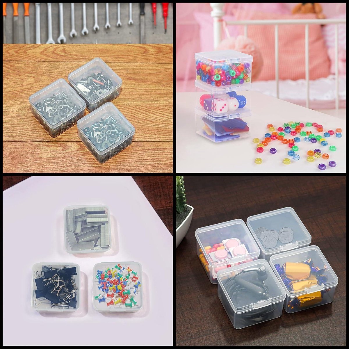 Kleine Doorzichtige Plastic Opbergdoosjes met Scharnierend Deksel - Set van 24 - L62 x B62 x H4 cm - Mini Vierkante Doosjes voor Pillen, Kralen, Sieraden & Knutselspullen. doorzichtig doosje