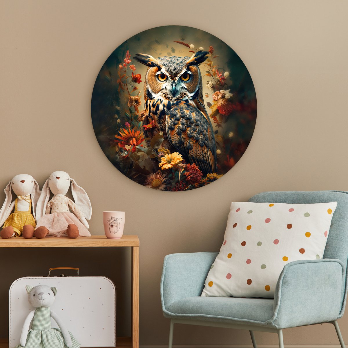 WallCircle® Muurcirkel 60x60 cm - Wandcirkel Uil - Vogel - Bloemen - Planten - Dieren - Botanisch - Muurdecoratie woonkamer - Wanddecoratie slaapkamer - Kamer decoratie accessoires - Ronde schilderijen - Woonaccessoires cirkel binnen