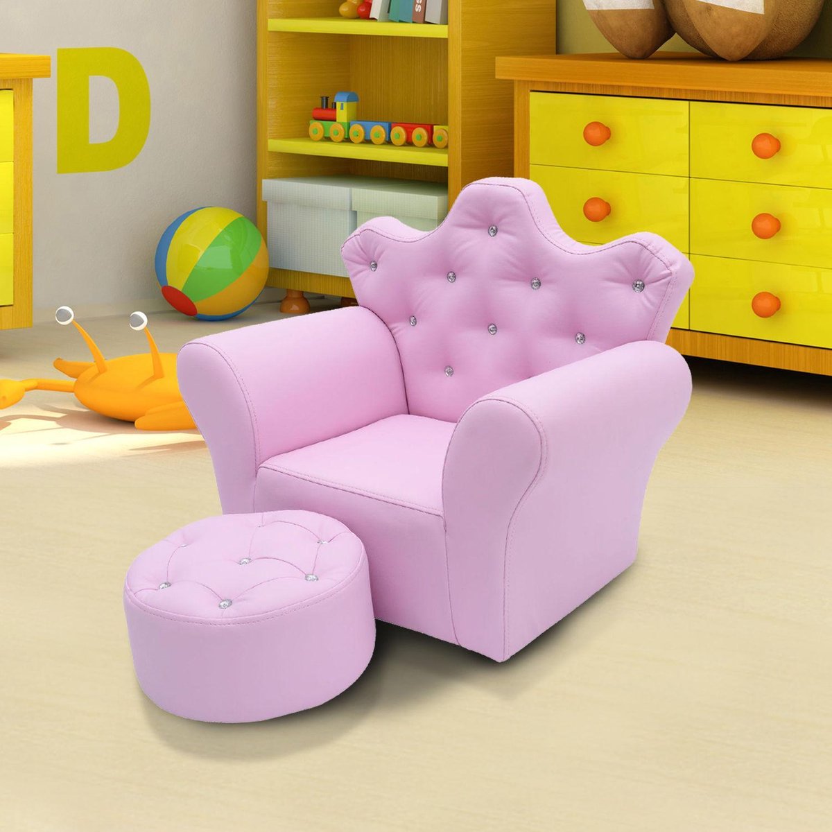 Children's sofa with crystal buttons and ottoman pink