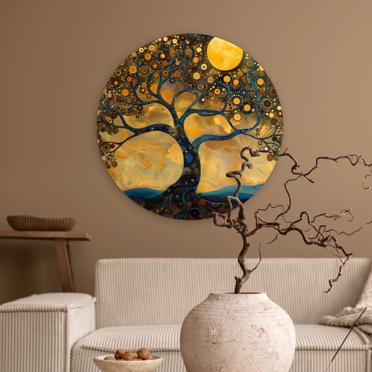 WallCircle® Wandcirkel 60x60 cm - Muurcirkel Boom - Industrieel - Abstract - Geel - Planten - Maan - Natuur - Muurdecoratie cirkel woonkamer - Wanddecoratie slaapkamer - Kamer decoratie accessoires - Ronde schilderijen binnen