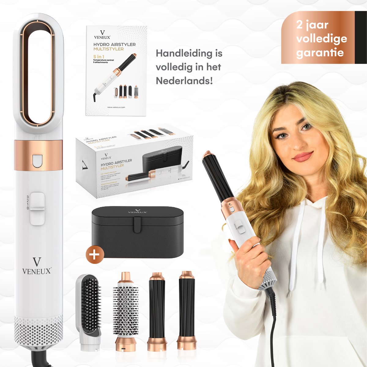 VENEUX® Föhnborstel - Airstyler - Krulborstel - Krultangen - 5-in-1 Multistyler - Met Opbergcase - Wit