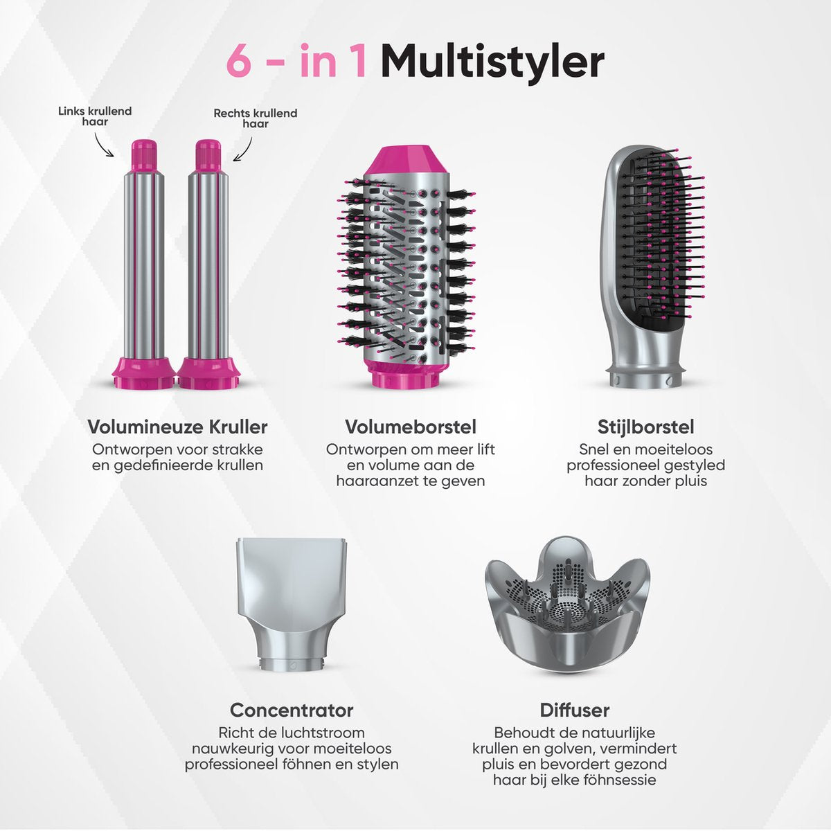 VENEUX® 6-1 Föhnborstel - Airstyler - Krulborstel - Grijs / Roze - Krultang