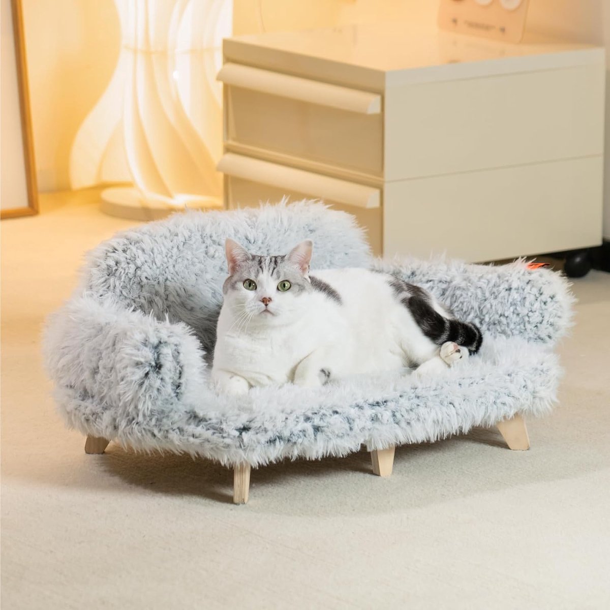 Cat sofa with stable wooden legs, cat chair bed, plush cat bed, warm and soft cat sofa for small dogs and cats, loadable up to 15 kg, grey