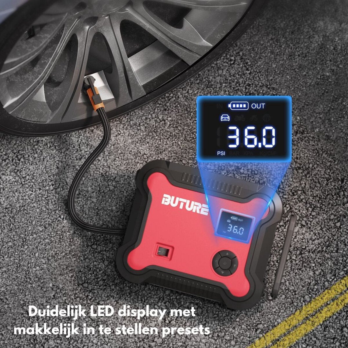 Buture Jump Starter for Car - Jump Starter - Jump Starter 5 in 1 - Jump Starter Power Bank 26800mAh - Red/Black - Jump Starter incl. Compressor