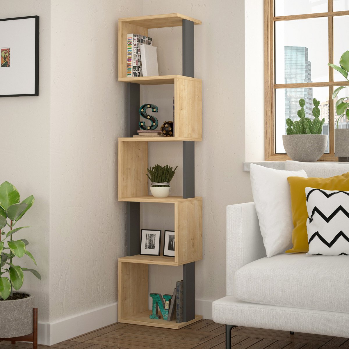 Boekenkast - Antraciet & Eiken - 35x161x30 cm - Houten boekenrek - Open kast