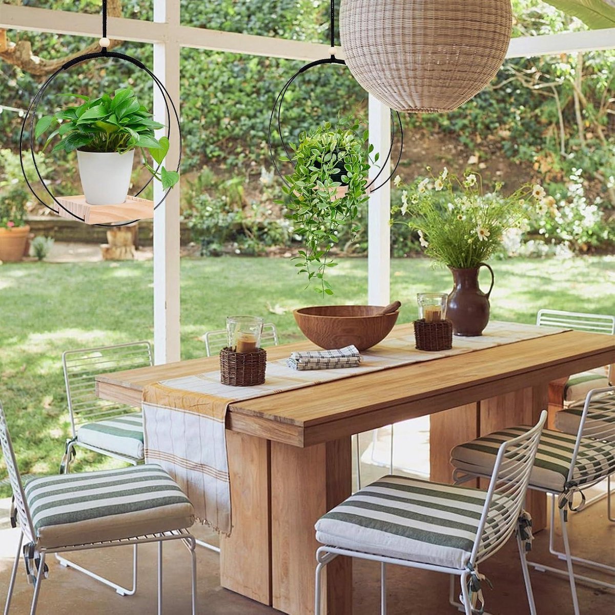 Hanging Planters - 2 Sumotia Planters with Wooden Base, Metal Ring and Hanging Loop - Round Black Planters for Indoors, Walls and Ceilings