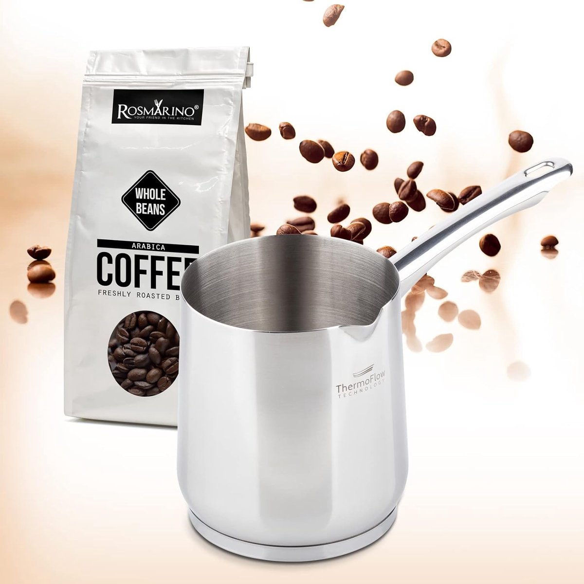 Stainless Steel Induction Moka Pot, 700ml Modern Turkish Cezve Coffee Pot with 3-Layer Steel Bottom, 700ml