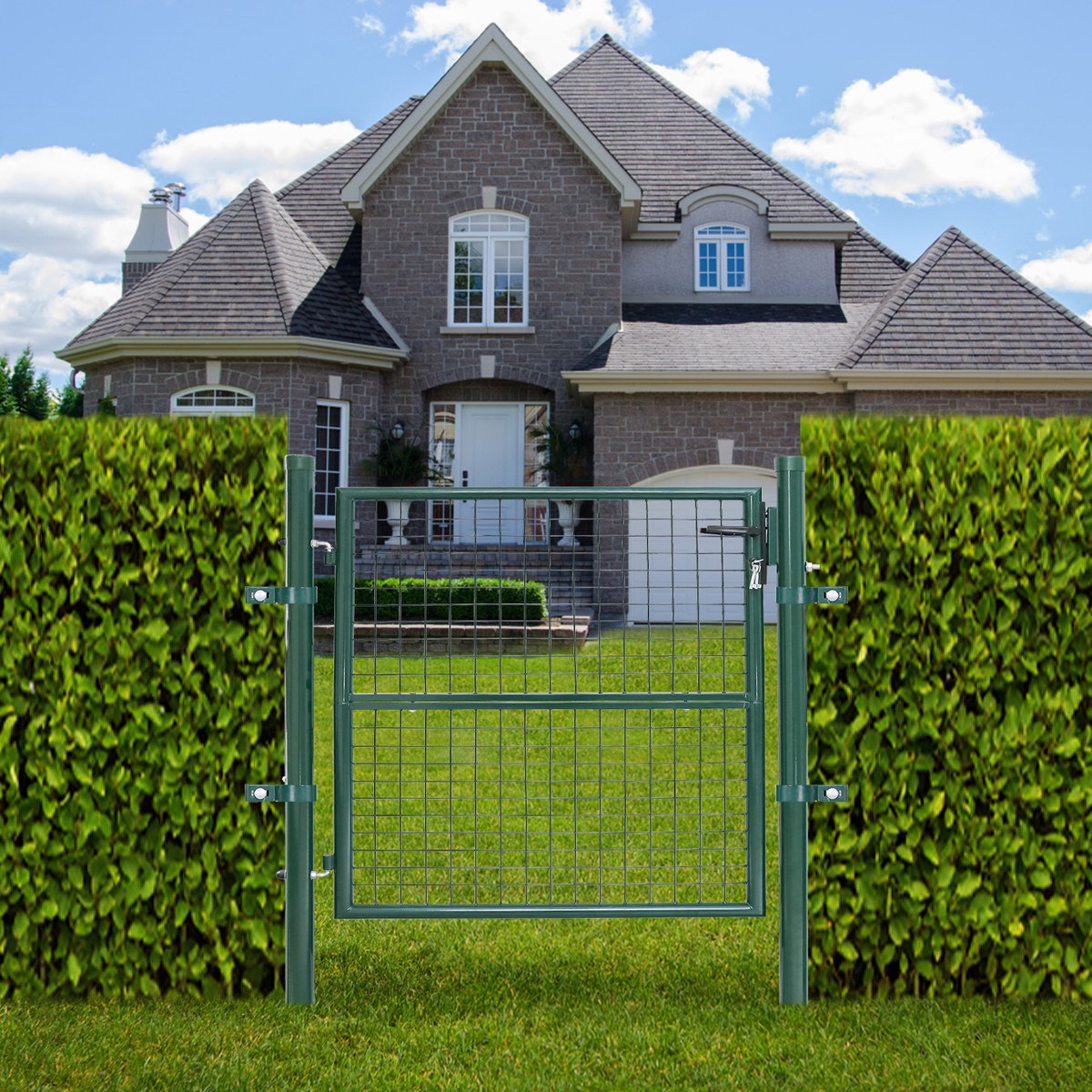 Tuinpoort Tuinpoort gepoedercoat staal Tuinpoort-Tuindeur hek poort 125 × 100 cm boerderij poort van gegalvaniseerd staal met slot, deurklink en sleutel, stevig en duurzaam-groen