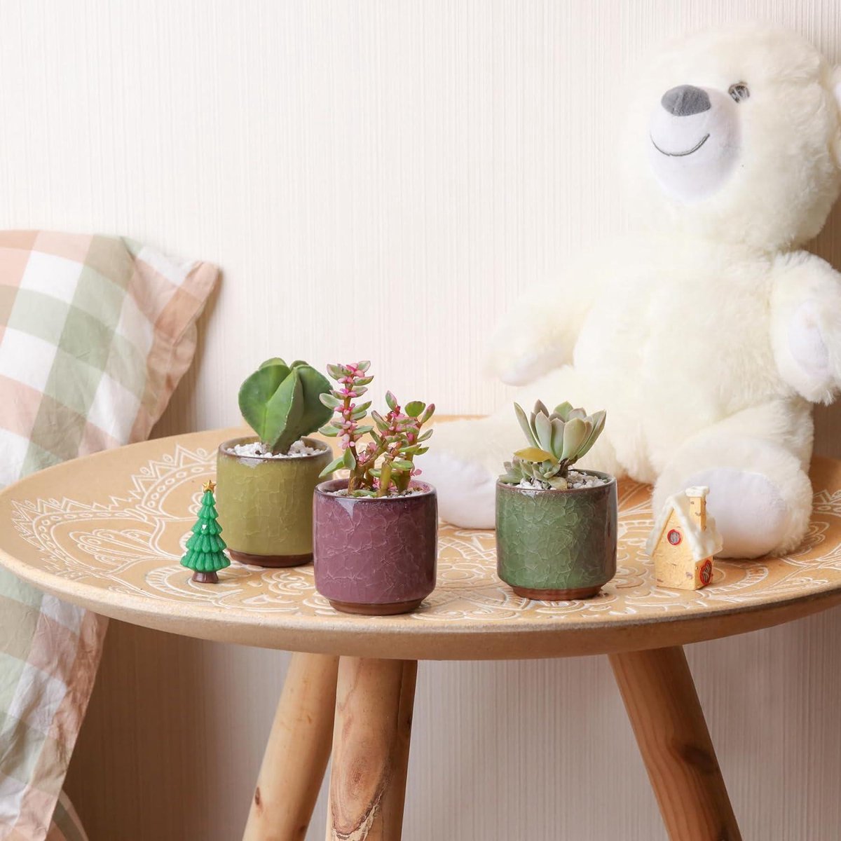 6CM Gekleurde Keramiek Succulente Plantenpot Set van 6 - Binnen Vetplant Bloempot met Bamboe Onderzetter en Afvoergat voor Sappige Planten - Decoratief Geschenk Bloempot