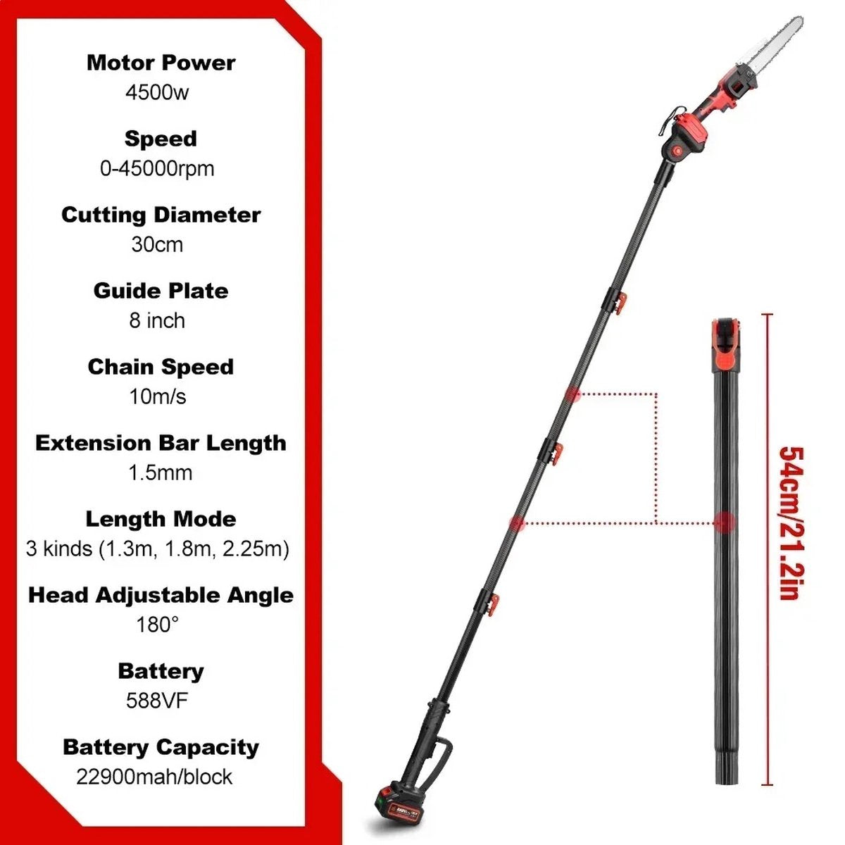Eszenzics™ Krachtige Telescopische Kettingzaag - Incl. 2x Accu 18V - 4500W - Borstelloos - Verstelbare zaaghoek - Tot 30 cm doorsnee - Snoeien - Zagen
