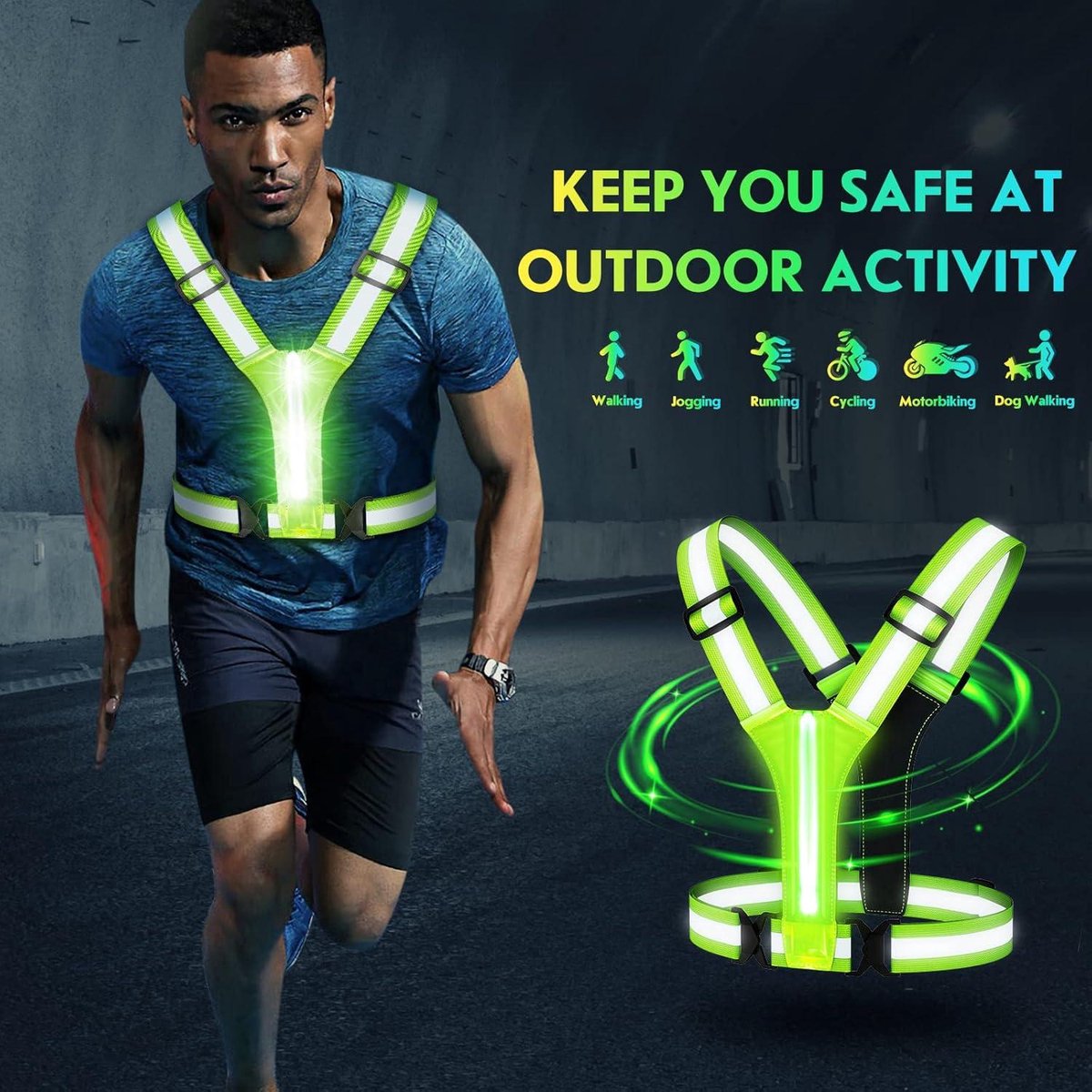 Reflective Vest Running Gear USB Rechargeable - High Visibility - Adjustable Waist/Shoulder - Jogging Running Cycling Walking Motorcycle Running Light
