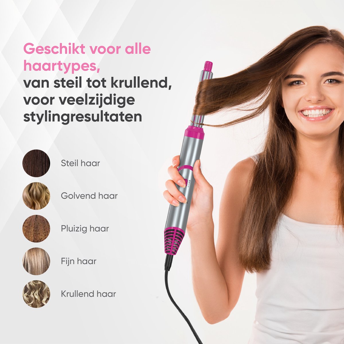 VENEUX® 6-1 Föhnborstel - Airstyler - Krulborstel - Grijs / Roze - Krultang