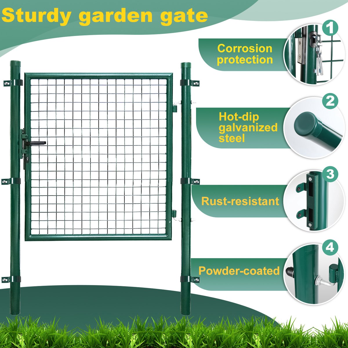 Tuinpoort Tuinpoort gepoedercoat staal Tuinpoort-Tuindeur hek poort 125 × 100 cm boerderij poort van gegalvaniseerd staal met slot, deurklink en sleutel, stevig en duurzaam-groen