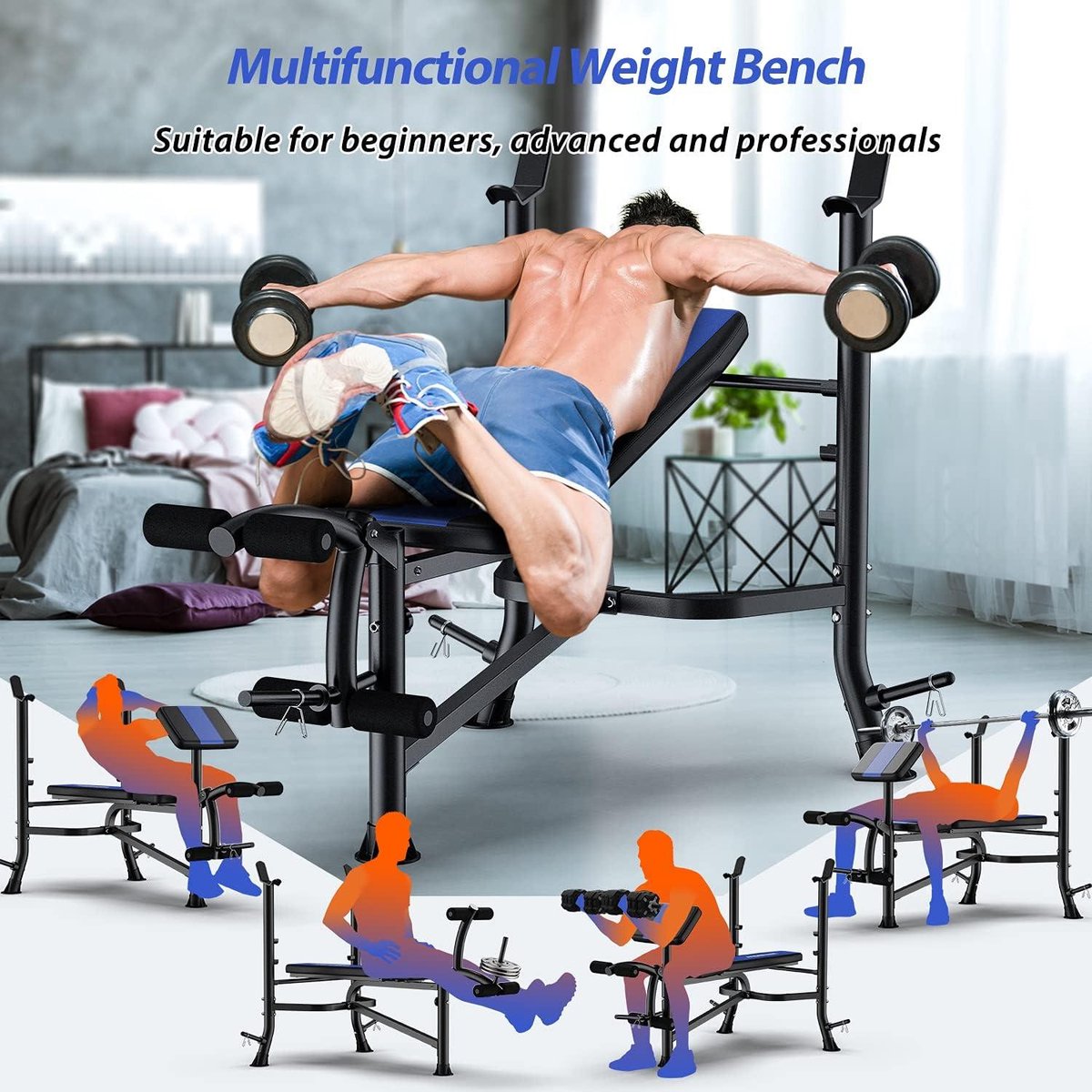 Adjustable dumbbell bench with leg extension and preacher curl - home training fitness studio weightlifting bench - full-body workout - bench press - dumbbell bench for home - fitness equipment fitness bench