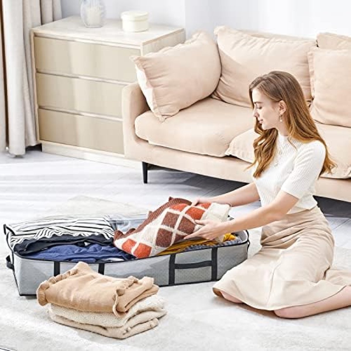 Opbergtas, 3 stuks, voor onder bed, groot, non-woven, tas, stof, handvat, voor dekbedden, kleding, dekbedden, kussens, speelgoed, grijs.