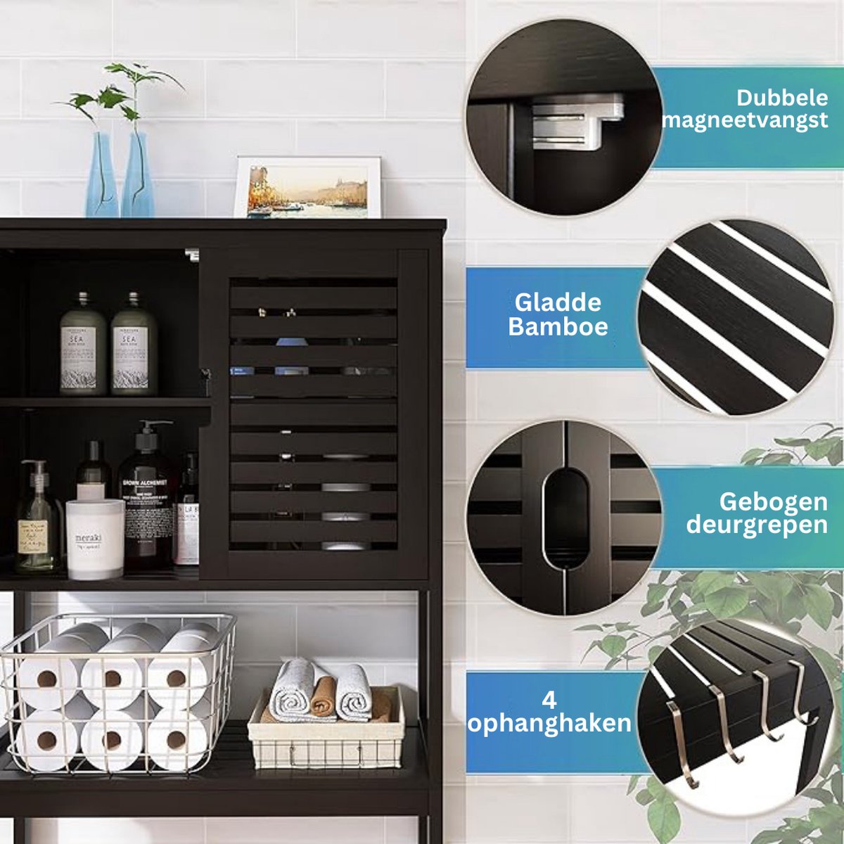 Wasmachineombouw - Wasmachinemeubel - Wasdrogerkast - Zwart - Wasmachine opbouwmeubel - Wasmachinekast - Duurzaam - Duurzaam Bamboe - Opbergrek - Toiletkastje - Badkamerkastje - WC-kastje - Smal Kastje - Toiletkastje