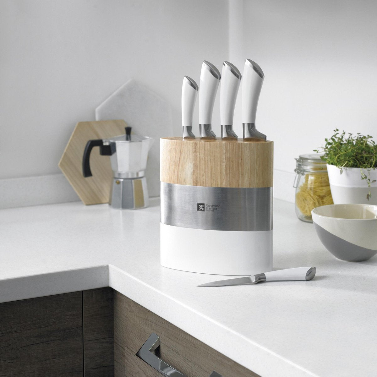 Richardson Sheffield - Fusion 5-Delige Messenset met Blok - Wit en Hout