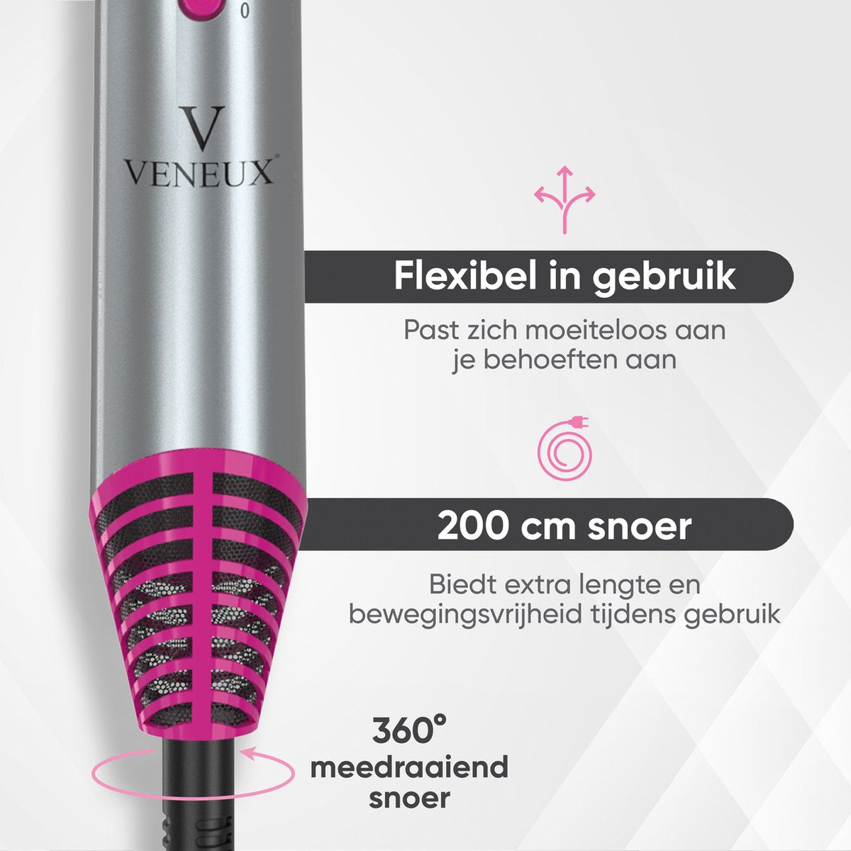 VENEUX® 6-1 Föhnborstel - Airstyler - Krulborstel - Grijs / Roze - Krultang
