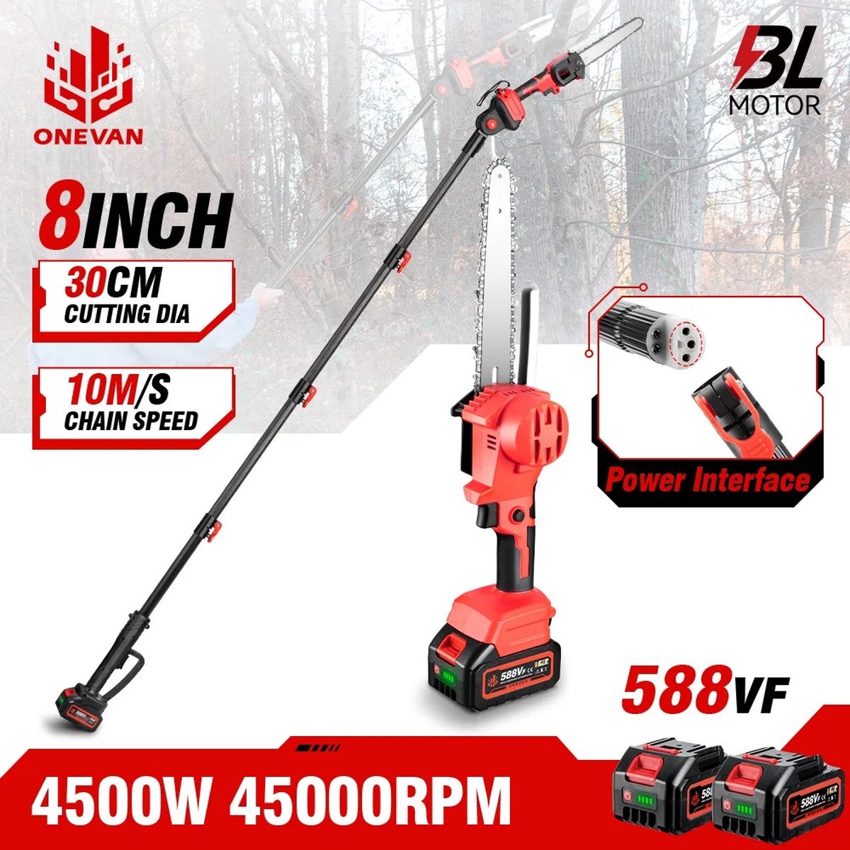 Eszenzics™ Krachtige Telescopische Kettingzaag - Incl. 2x Accu 18V - 4500W - Borstelloos - Verstelbare zaaghoek - Tot 30 cm doorsnee - Snoeien - Zagen