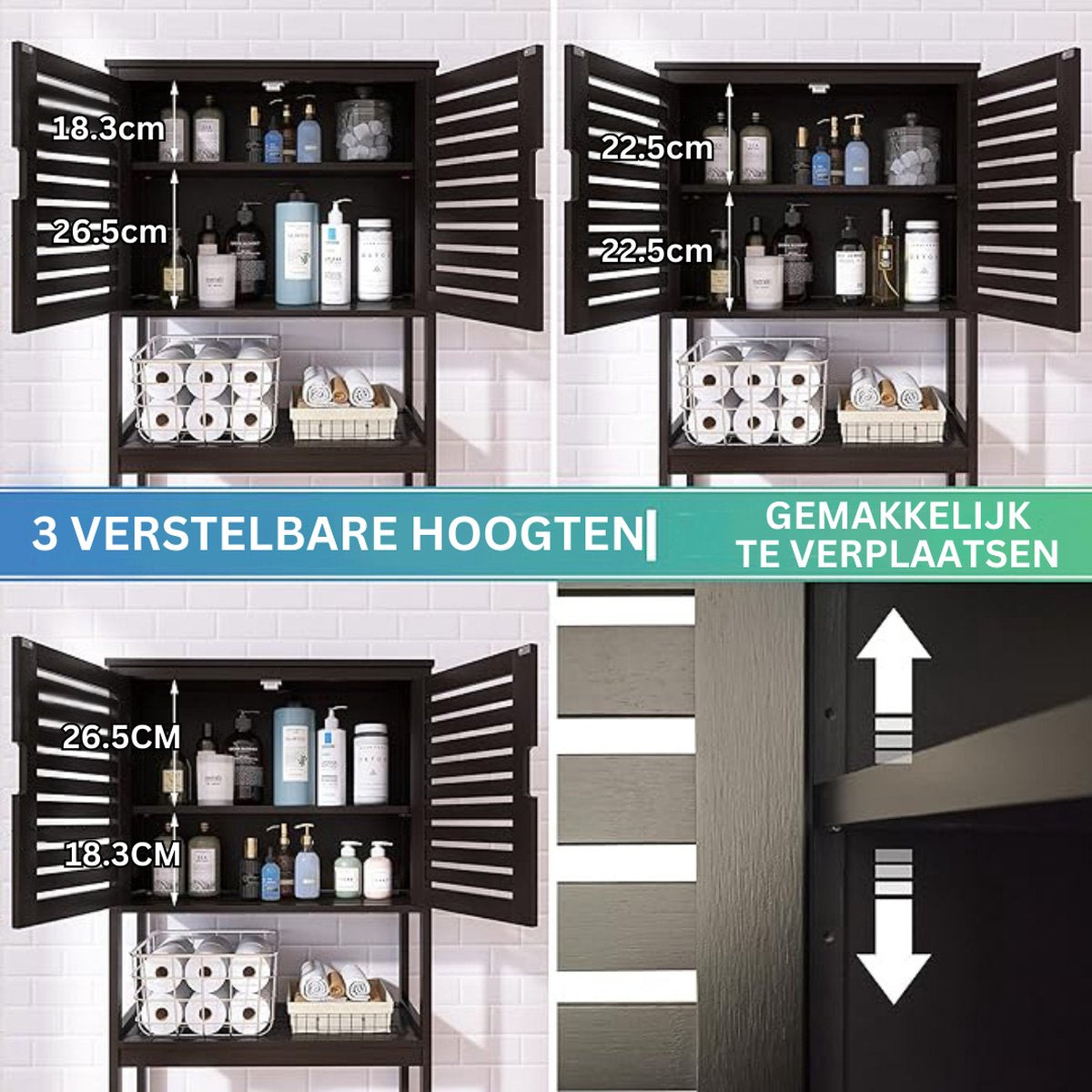 Wasmachineombouw - Wasmachinemeubel - Wasdrogerkast - Zwart - Wasmachine opbouwmeubel - Wasmachinekast - Duurzaam - Duurzaam Bamboe - Opbergrek - Toiletkastje - Badkamerkastje - WC-kastje - Smal Kastje - Toiletkastje