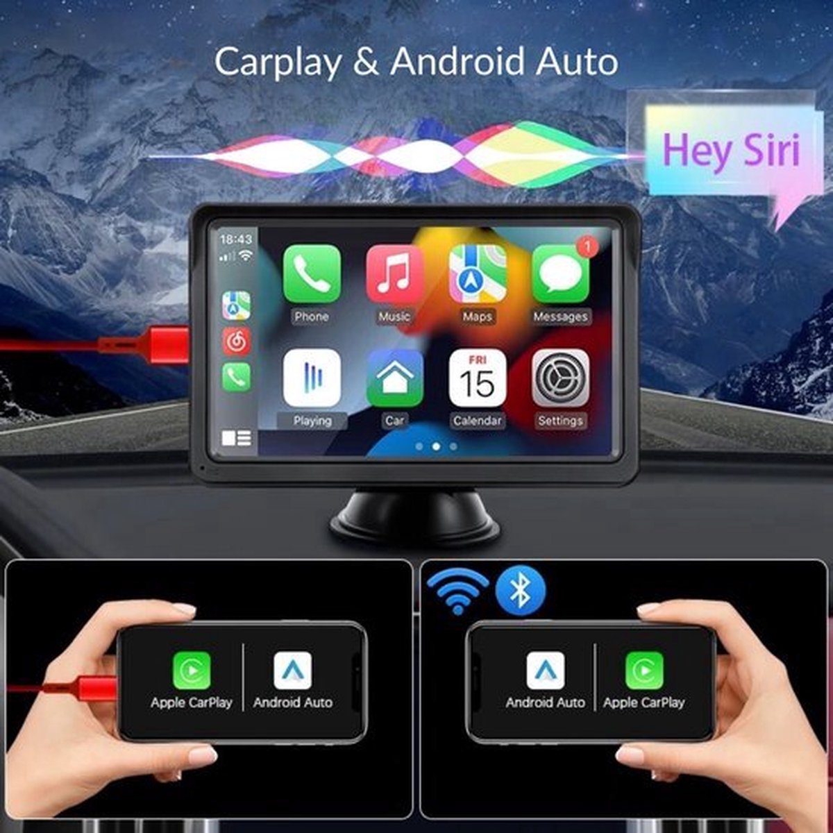 Carplay Dongle & Carplay Scherm Geschikt voor Auto's - Draadloos voor Apple en Android - 7 Inch - Universele Wifi Video Speler - Inclusief Achteruitrijcamera