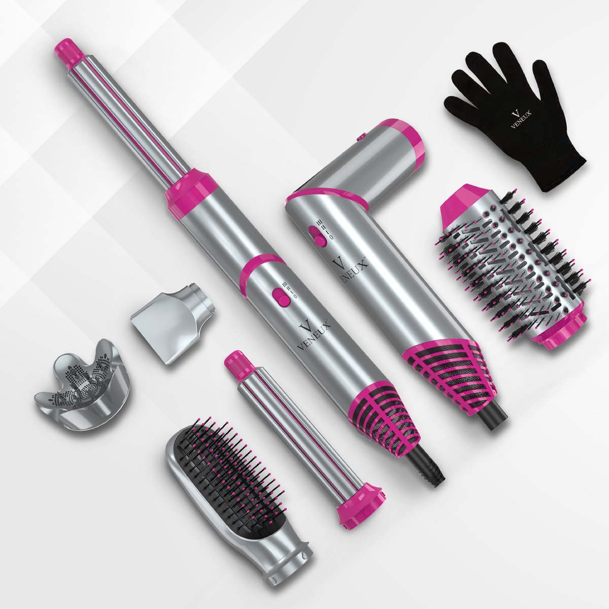 VENEUX® 6-1 Föhnborstel - Airstyler - Krulborstel - Grijs / Roze - Krultang
