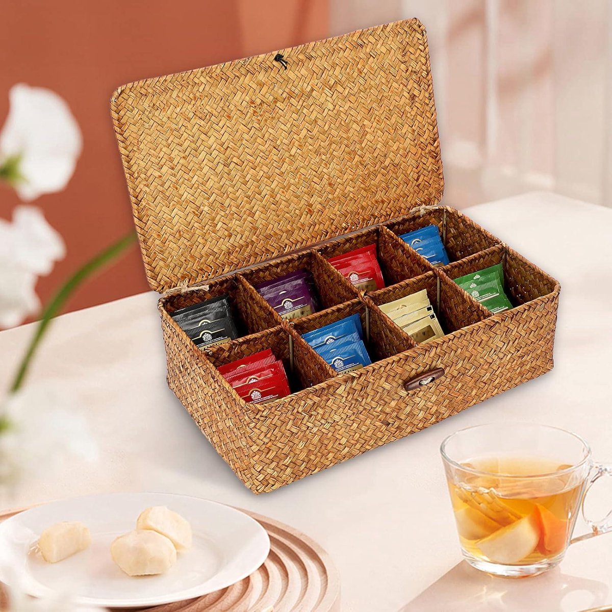 Wicker basket storage basket with lid 8 compartments table organizer caramel colored
