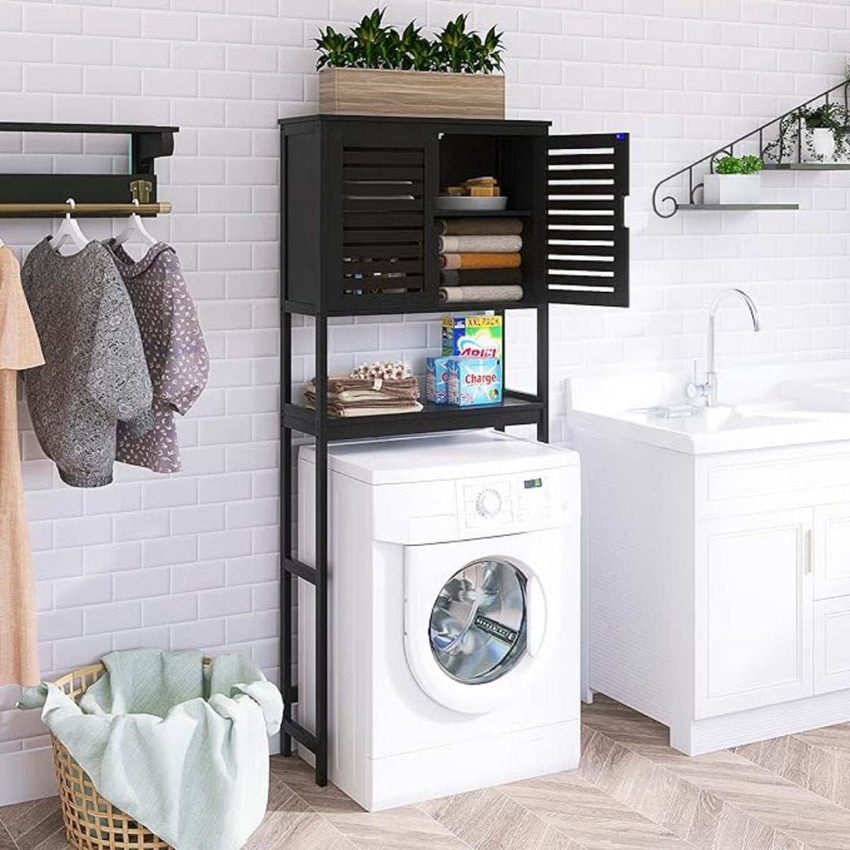 Wasmachineombouw - Wasmachinemeubel - Wasdrogerkast - Zwart - Wasmachine opbouwmeubel - Wasmachinekast - Duurzaam - Duurzaam Bamboe - Opbergrek - Toiletkastje - Badkamerkastje - WC-kastje - Smal Kastje - Toiletkastje