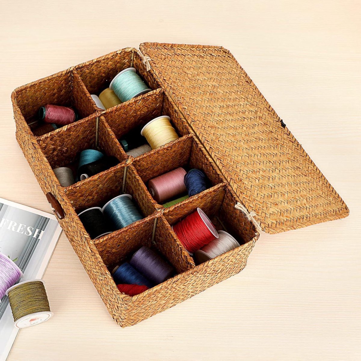 Wicker basket storage basket with lid 8 compartments table organizer caramel colored