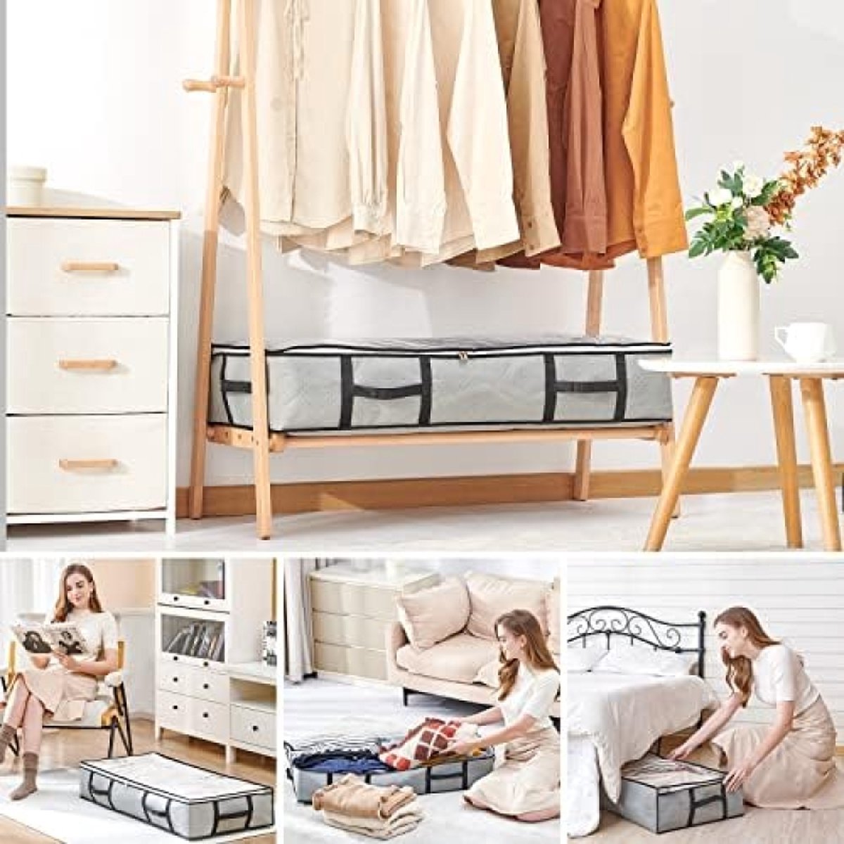 Opbergtas, 3 stuks, voor onder bed, groot, non-woven, tas, stof, handvat, voor dekbedden, kleding, dekbedden, kussens, speelgoed, grijs.