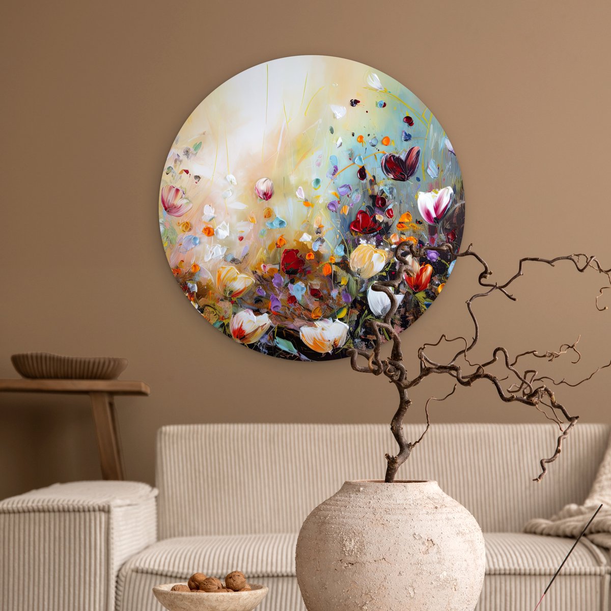 WallCircle® Muurcirkel 60x60 cm - Olieverf - Bloemen - Kleurrijk - Natuur - Plant - Veld - Muurdecoratie woonkamer - Wanddecoratie slaapkamer - Kamer decoratie accessoires - Ronde schilderijen - Woonaccessoires cirkel binnen