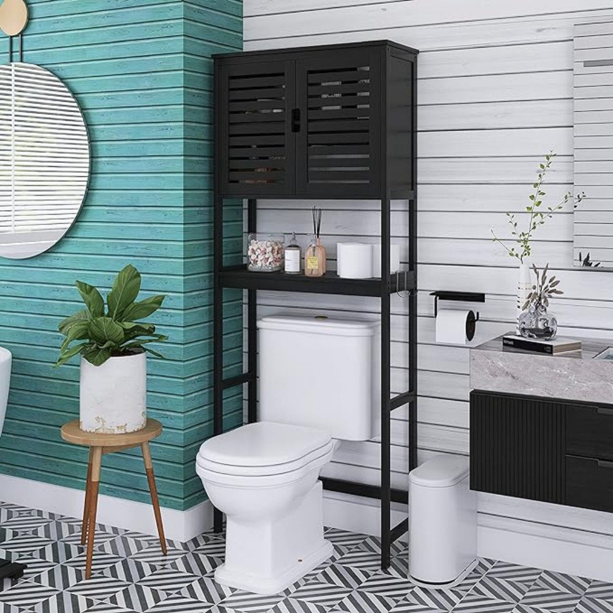 Wasmachineombouw - Wasmachinemeubel - Wasdrogerkast - Zwart - Wasmachine opbouwmeubel - Wasmachinekast - Duurzaam - Duurzaam Bamboe - Opbergrek - Toiletkastje - Badkamerkastje - WC-kastje - Smal Kastje - Toiletkastje