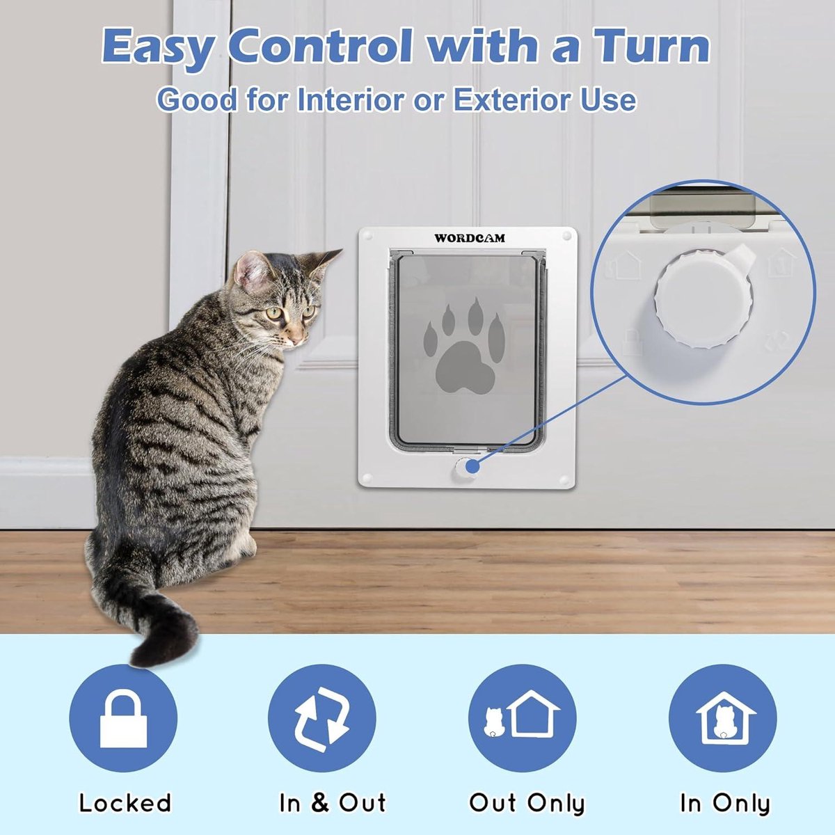 Cat Flap - Large Cat Door Flap - Thick Cat Door for Interior and Exterior Doors - 4-Way Locking - Indoor Pets - Up to 20 lbs - Easy Installation - Weatherproof (White)