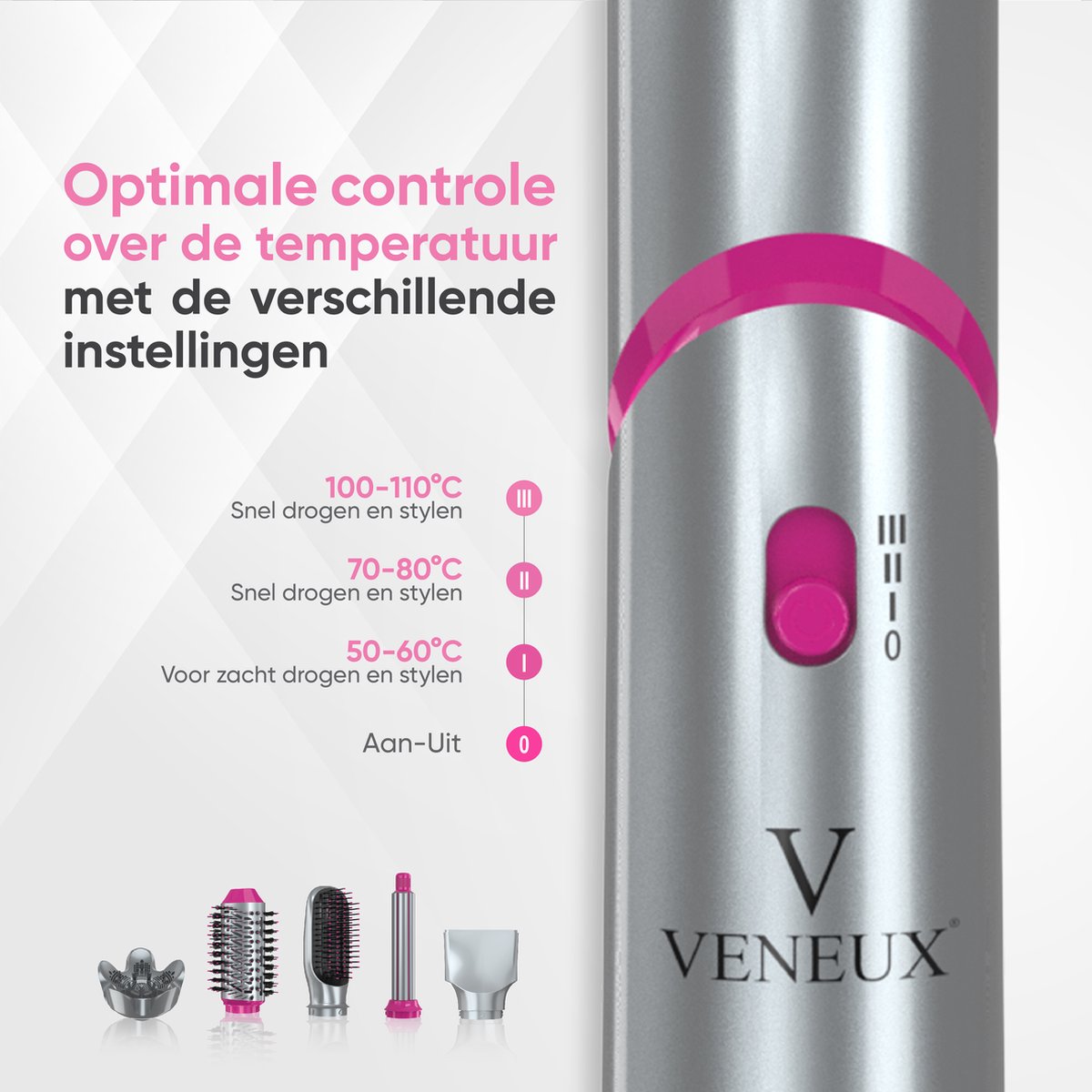 VENEUX® 6-1 Föhnborstel - Airstyler - Krulborstel - Grijs / Roze - Krultang