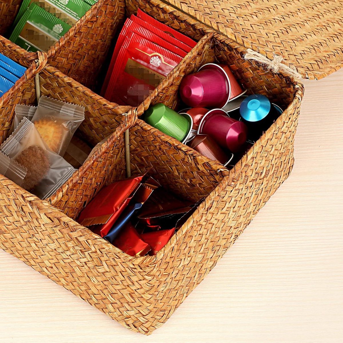 Wicker basket storage basket with lid 8 compartments table organizer caramel colored