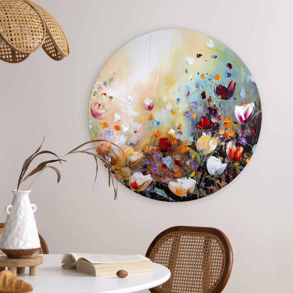 WallCircle® Muurcirkel 60x60 cm - Olieverf - Bloemen - Kleurrijk - Natuur - Plant - Veld - Muurdecoratie woonkamer - Wanddecoratie slaapkamer - Kamer decoratie accessoires - Ronde schilderijen - Woonaccessoires cirkel binnen