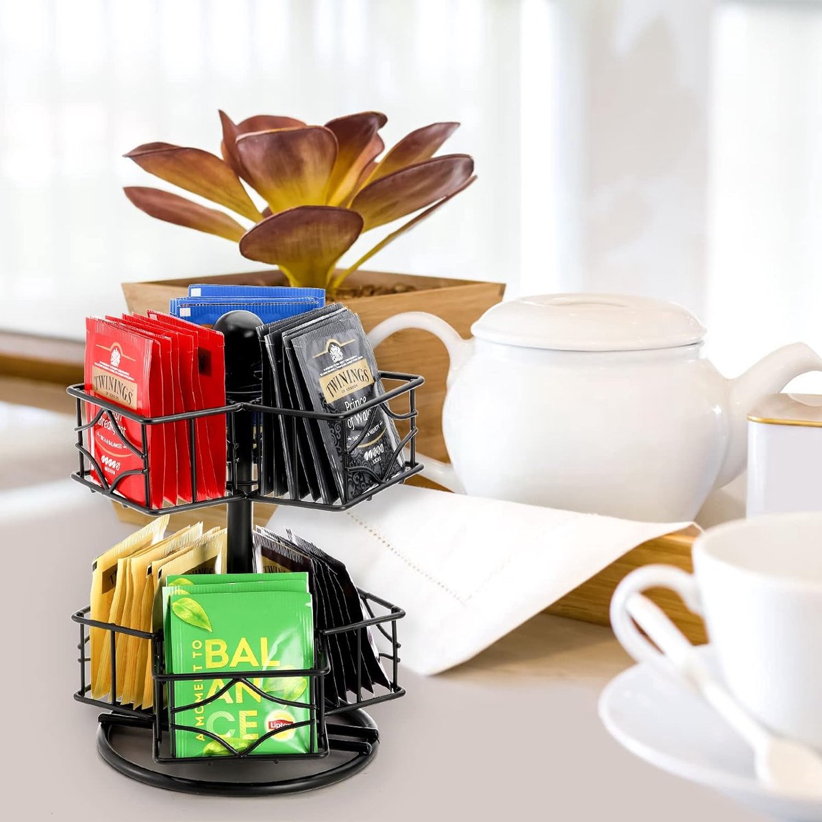 Theezakjes organizer, 360 graden draaiende theezakjes carrousel organizer met 6 compartimenten, Lazy Susan suiker koffie creamer caddy voor keuken, kast organizer, tot 60 theezakjes opslag.