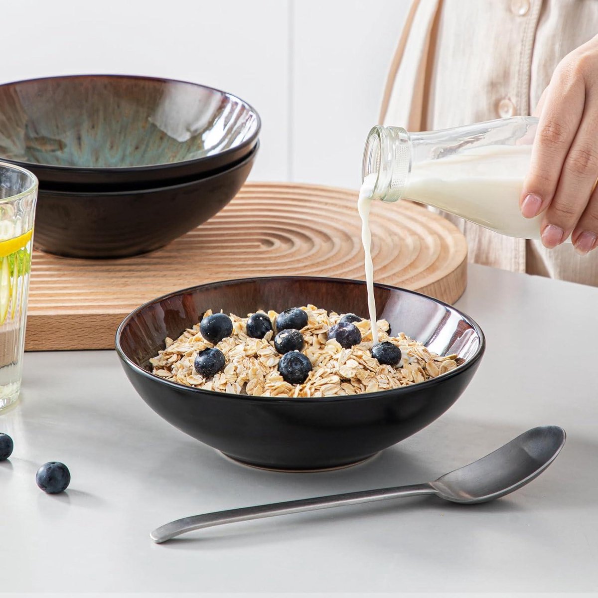 Bubble Pottery 720ml Breakfast Bowl Set of 4 - Brown Reactive Glaze - Salad-Fruit-Snack-Dessert-Soup Bowl - 17.8 x 17.8 x 5.5 cm