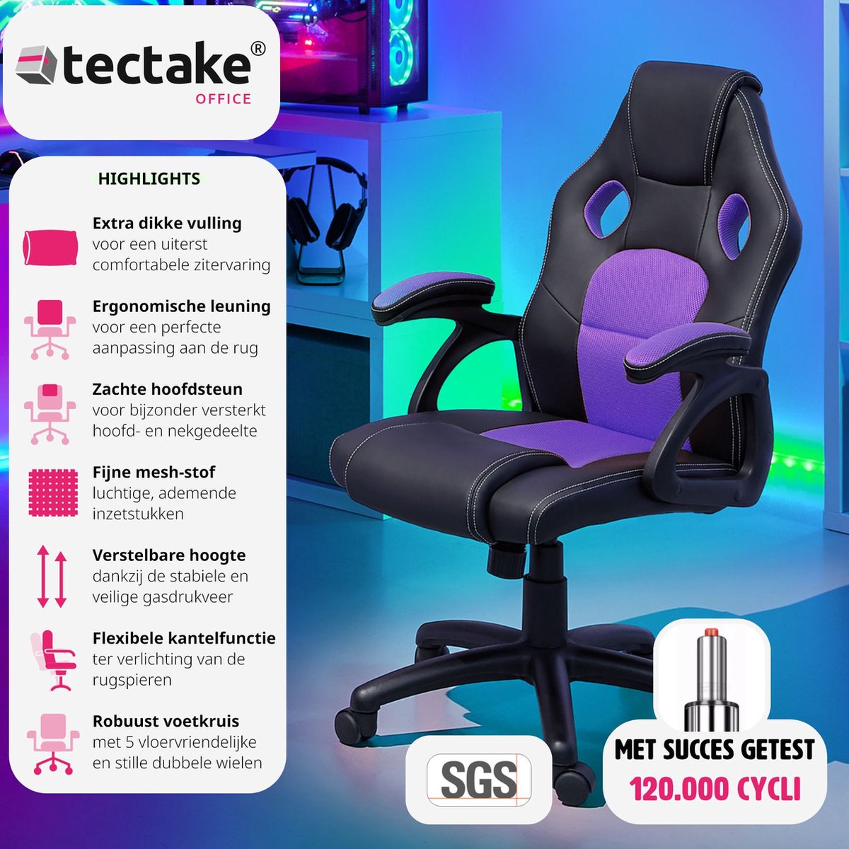 tectake® - Gaming bureaustoel - Luxe bureaustoel kantoorstoel - Racingstoel gamestoel Mike - Zwart/paars