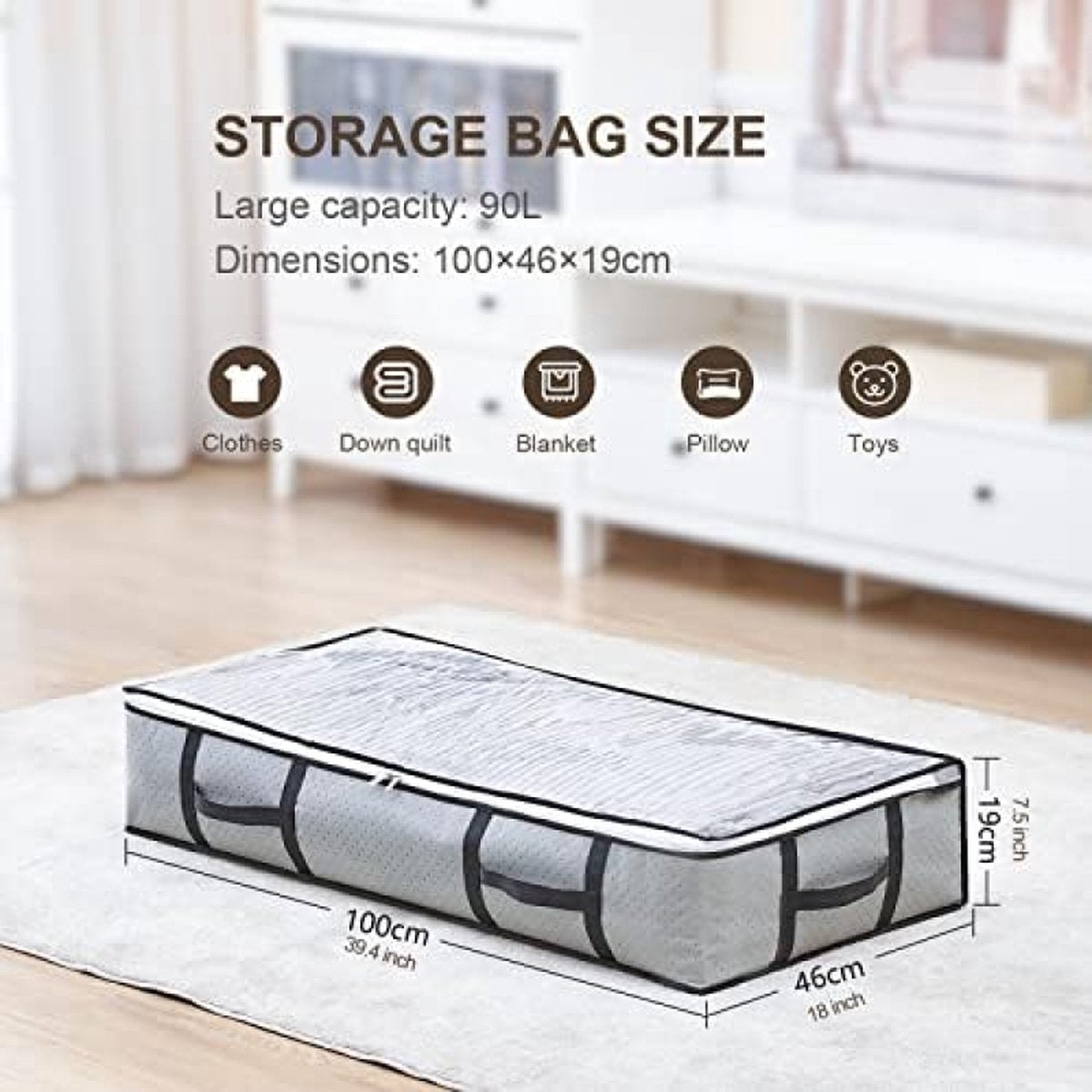 Opbergtas, 3 stuks, voor onder bed, groot, non-woven, tas, stof, handvat, voor dekbedden, kleding, dekbedden, kussens, speelgoed, grijs.