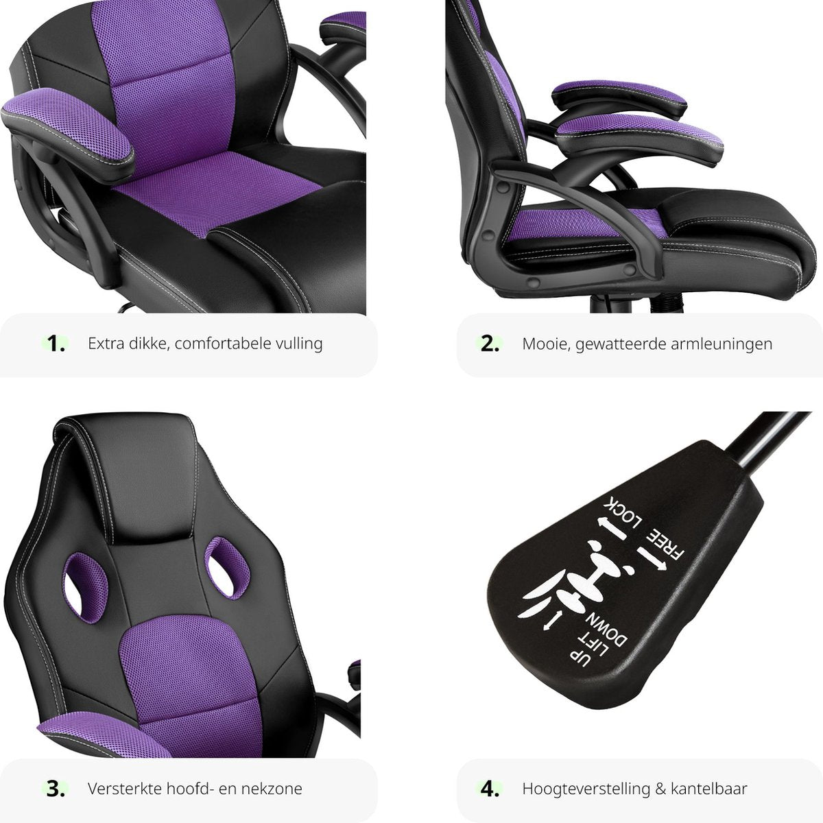 tectake® - Gaming bureaustoel - Luxe bureaustoel kantoorstoel - Racingstoel gamestoel Mike - Zwart/paars