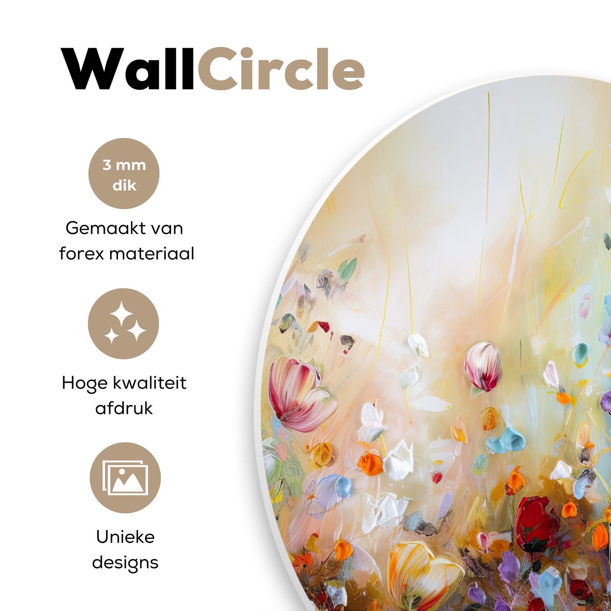 WallCircle® Muurcirkel 60x60 cm - Olieverf - Bloemen - Kleurrijk - Natuur - Plant - Veld - Muurdecoratie woonkamer - Wanddecoratie slaapkamer - Kamer decoratie accessoires - Ronde schilderijen - Woonaccessoires cirkel binnen
