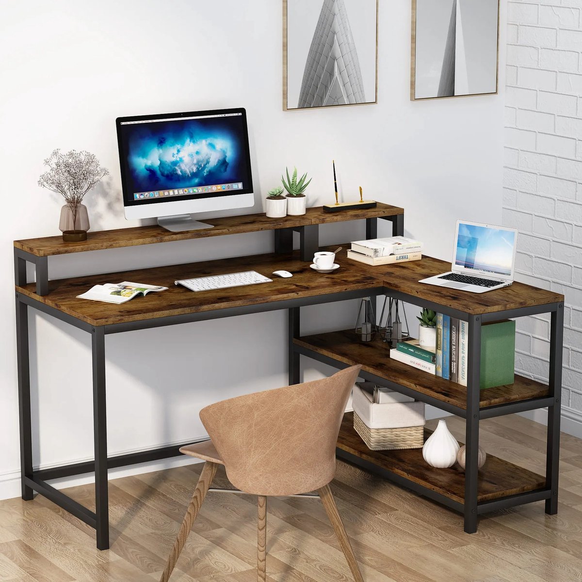 Corner Desk - Industrial Desk - L-shaped - Industrial Look - Computer Desk - With Monitor Stand - With 3 Shelves - 135x100x75cm - For Home Office